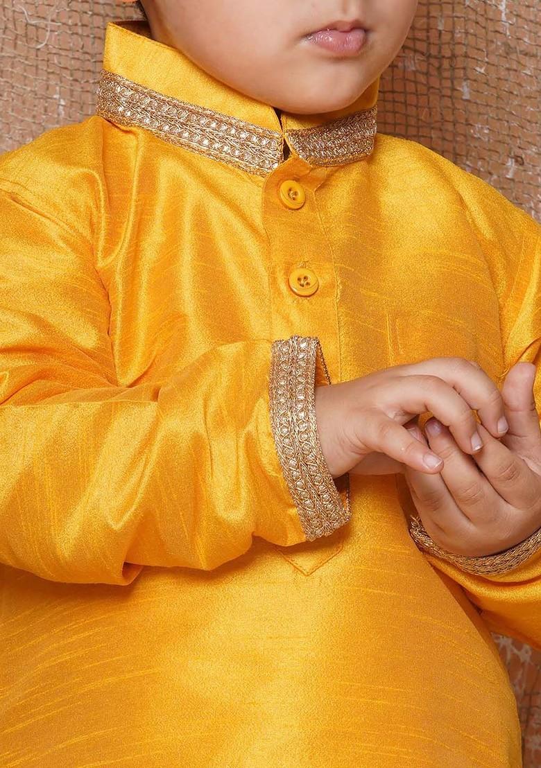 Yellow Solid Kurta With Dhoti Pants For Boys