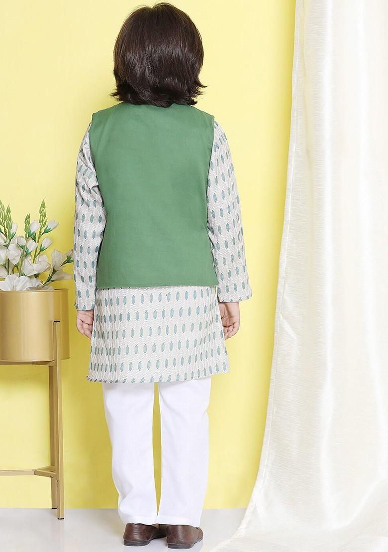Green Geometric Printed Pure Cotton Kurta With Trousers For Boys
