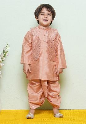 Peach Sequinned Pure Cotton Kurta And Waistcoat With Dhoti Pants For Boys