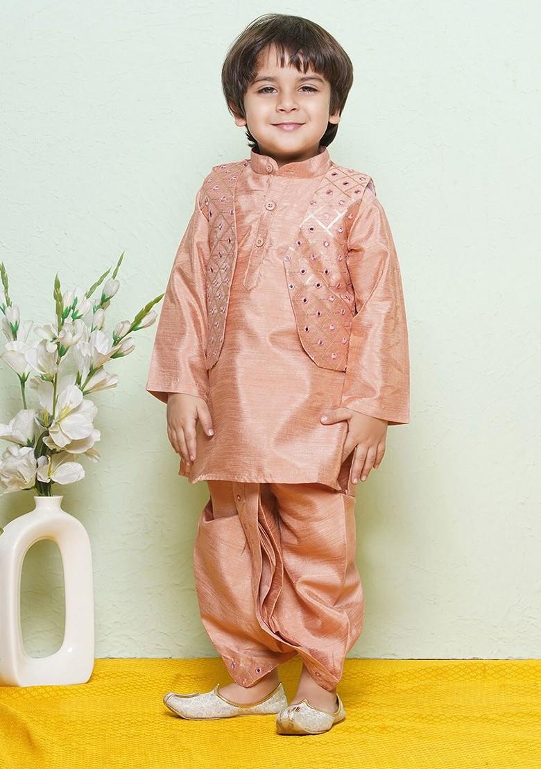 Peach Sequinned Pure Cotton Kurta And Waistcoat With Dhoti Pants For Boys