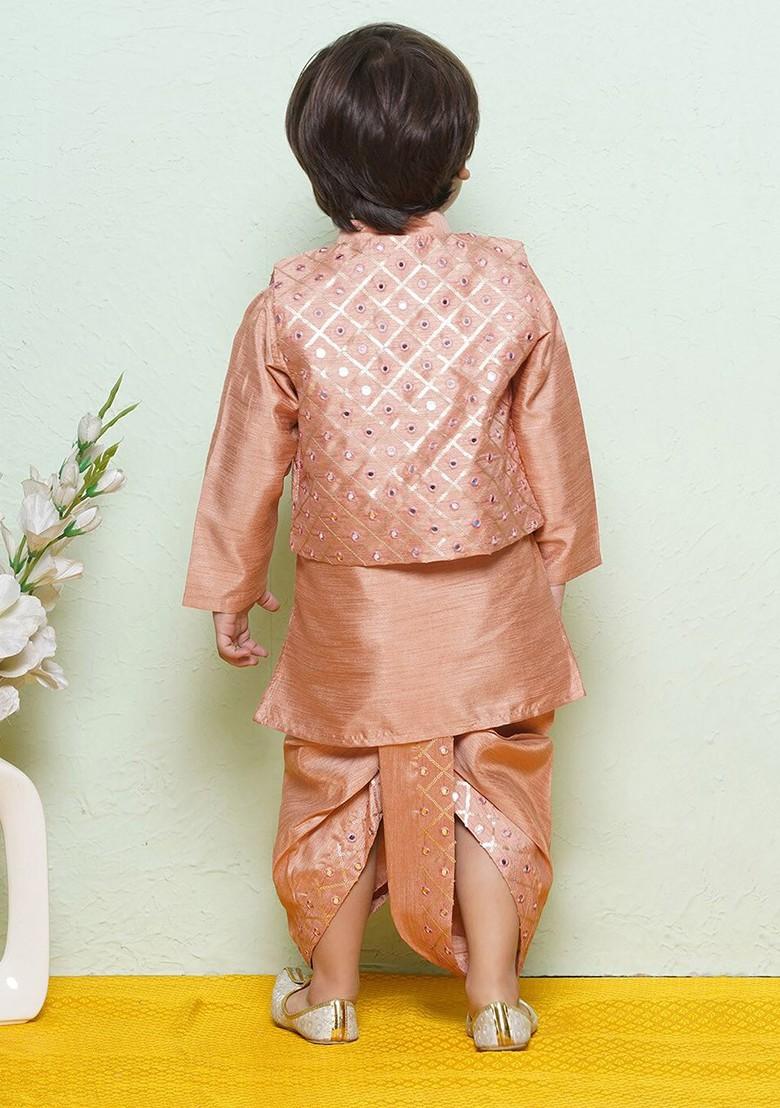 Peach Sequinned Pure Cotton Kurta And Waistcoat With Dhoti Pants For Boys