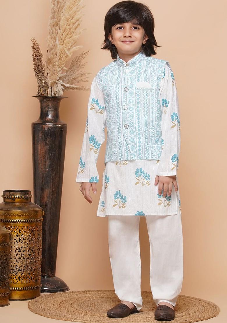 Blue Floral Printed Regular Pure Cotton Kurta With Pyjama And Nehru Jacket For Boys