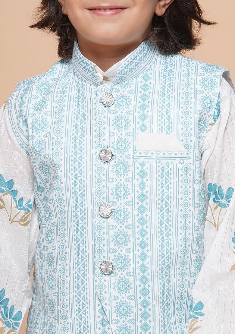 Blue Floral Printed Regular Pure Cotton Kurta With Pyjama And Nehru Jacket For Boys