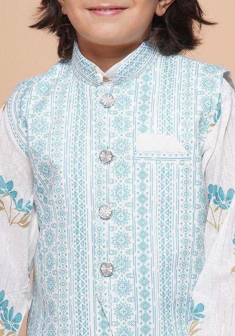 Blue Floral Printed Regular Pure Cotton Kurta With Pyjama And Nehru Jacket For Boys