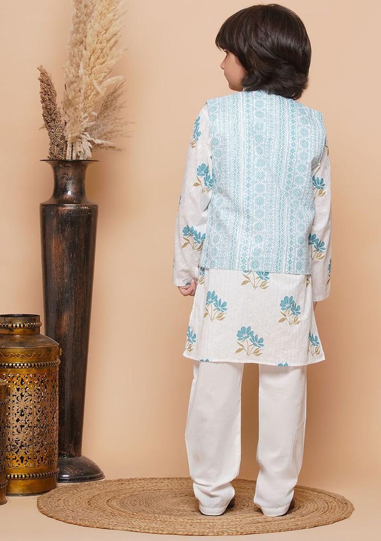 Blue Floral Printed Regular Pure Cotton Kurta With Pyjamas And Jacket For Boys