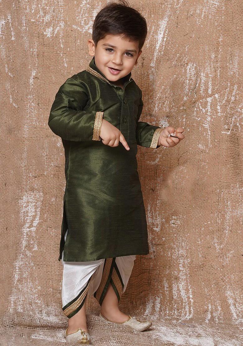 Green Mandarin Collar Straight Kurta With Dhoti Pants For Boys
