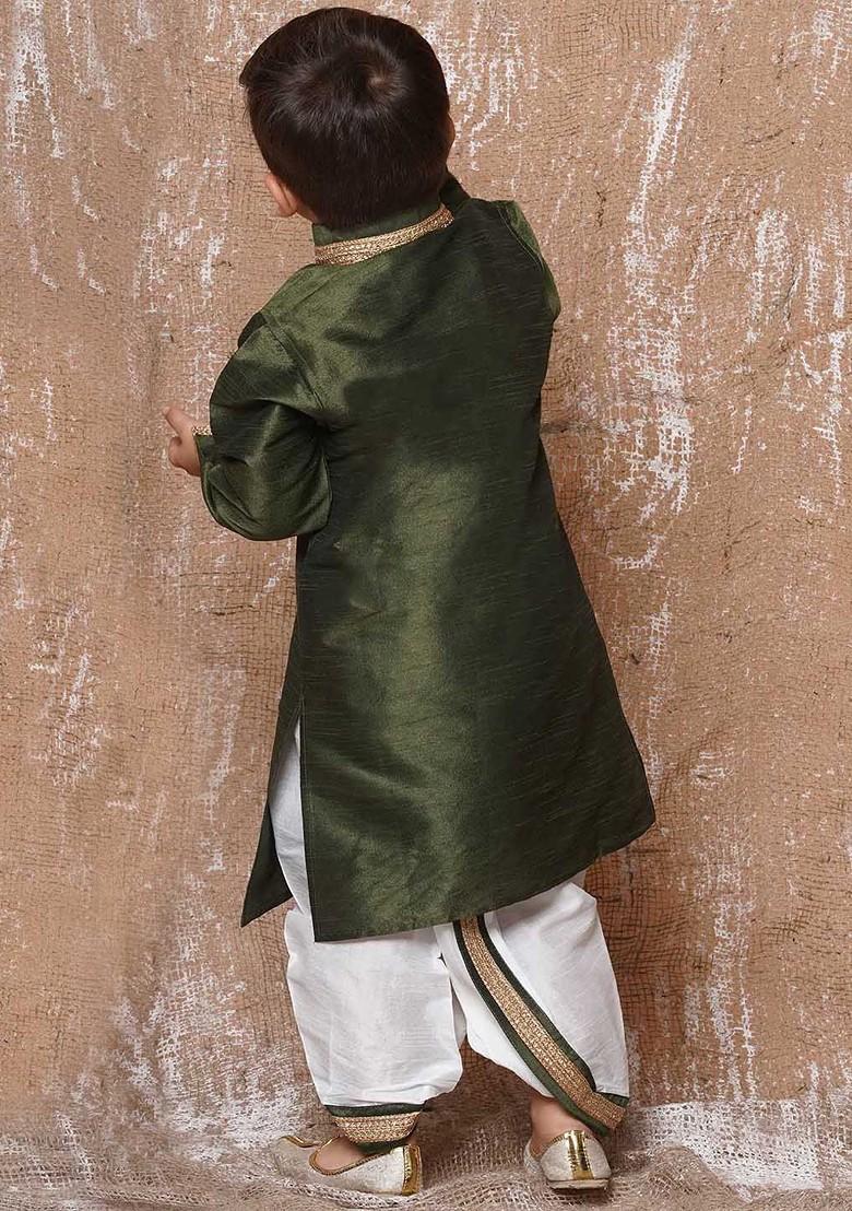 Olive Solid Kurta With Dhoti Pants For Boys