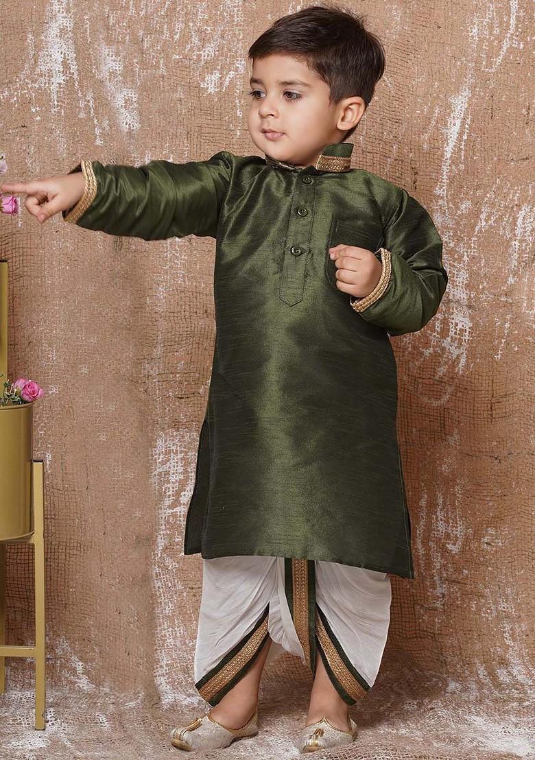 Olive Solid Kurta With Dhoti Pants For Boys