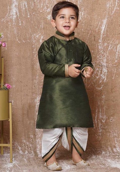 Olive Solid Kurta With Dhoti Pants For Boys — view on Indya
