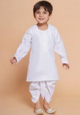 White Pure Cotton Straight Kurta With Dhoti Pants For Boys
