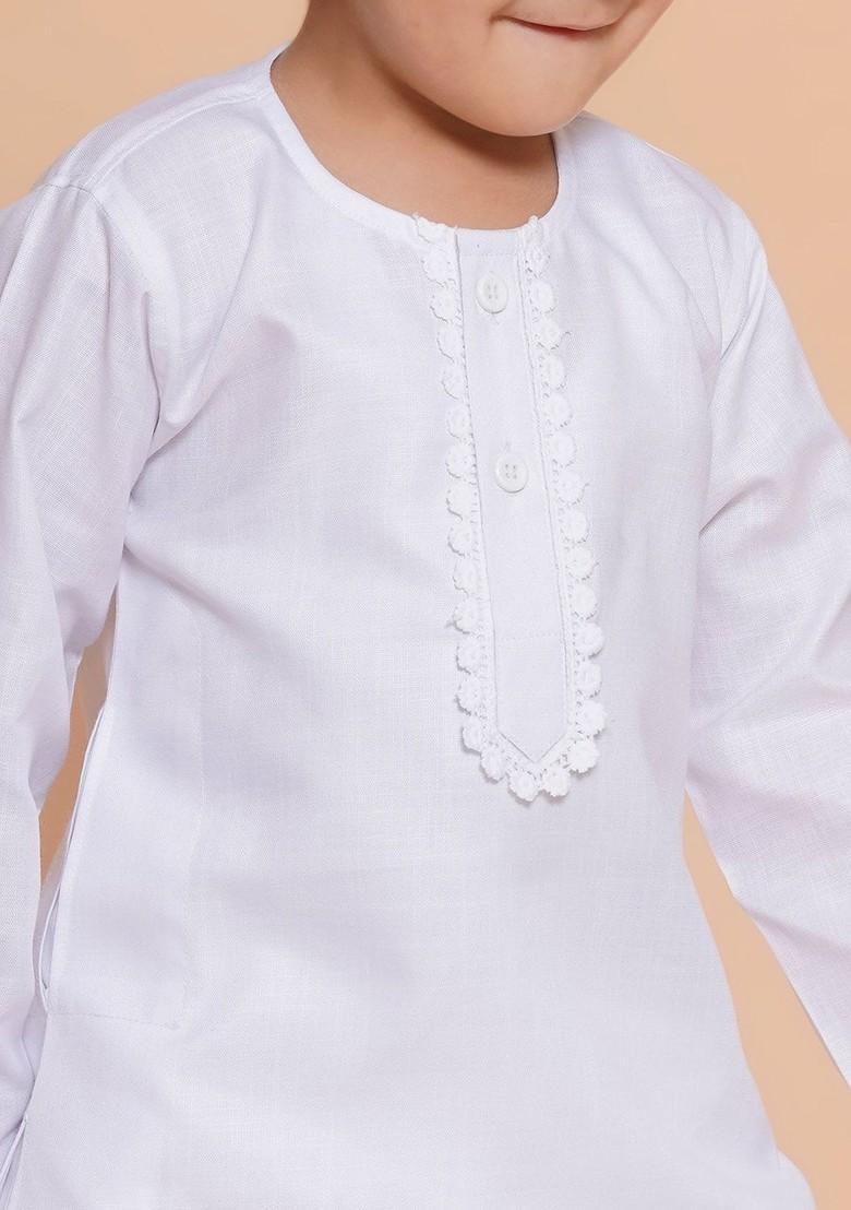 White Pure Cotton Straight Kurta With Dhoti Pants For Boys