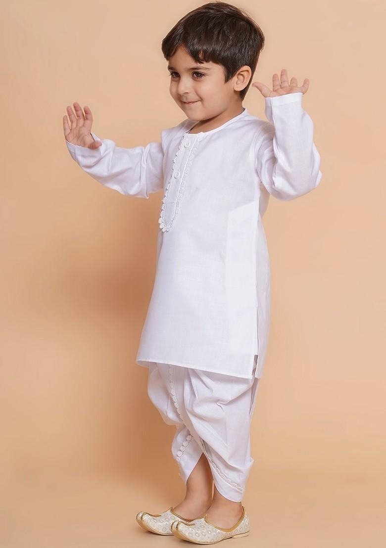 White Pure Cotton Straight Kurta With Dhoti Pants For Boys