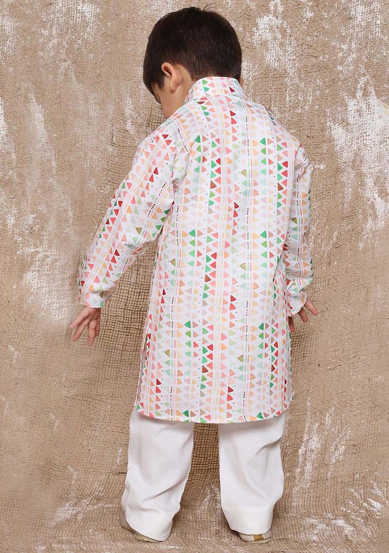 White Geometric Printed Regular Pure Cotton Kurta With Pyjamas For Boys