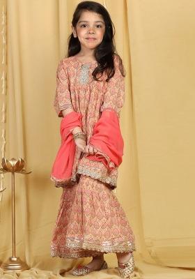 Peach Printed Pure Cotton Empire Gotta Patti Kurta With Sharara And Dupatta For Girls