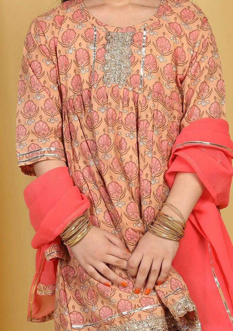 Peach Printed Pure Cotton Empire Gotta Patti Kurta With Sharara And Dupatta For Girls