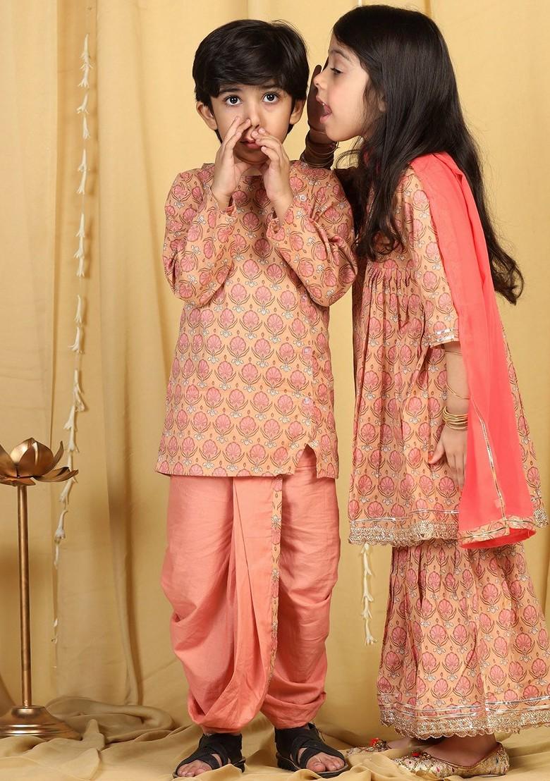 Peach Printed Pure Cotton Empire Gotta Patti Kurta With Sharara And Dupatta For Girls