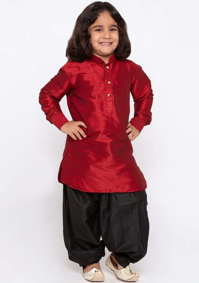 Boys Maroon Kurta With Dhoti Pants - Indya
