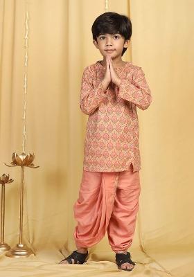 Peach Peach And Gold Ethnic Motifs Printed Angrakha Pure Cotton Kurta And Dhoti Pant For Boys