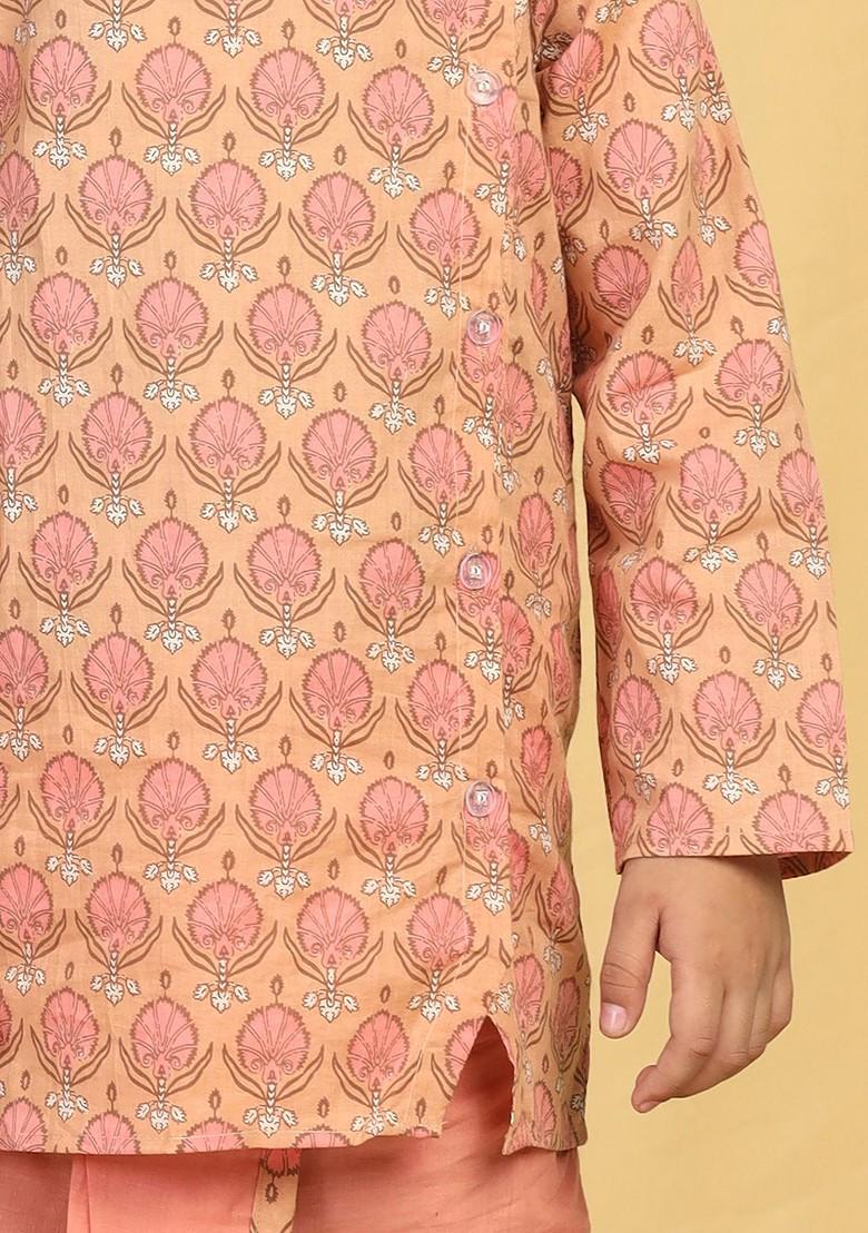 Peach Peach And Gold Ethnic Motifs Printed Angrakha Pure Cotton Kurta And Dhoti Pant For Boys