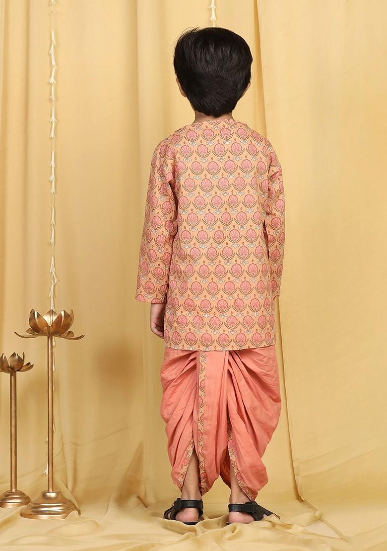 Peach Peach And Gold Ethnic Motifs Printed Angrakha Pure Cotton Kurta And Dhoti Pant For Boys