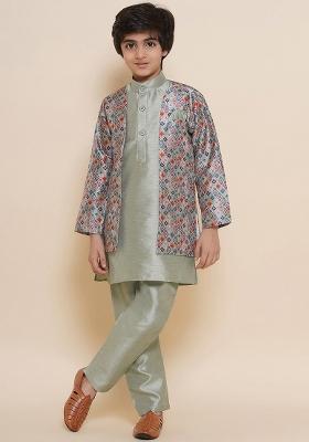 Green Mandarin Collar Kurta With Pyjamas And Nehru Jacket For Boys