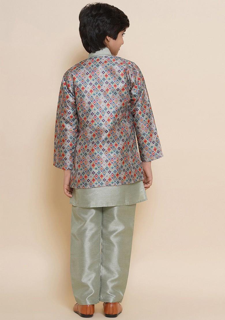 Green Mandarin Collar Kurta With Pyjamas And Nehru Jacket For Boys