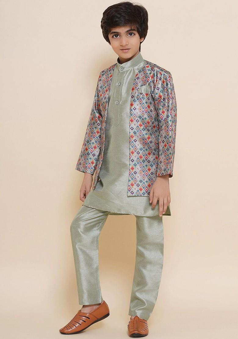 Green Mandarin Collar Kurta With Pyjamas And Nehru Jacket For Boys