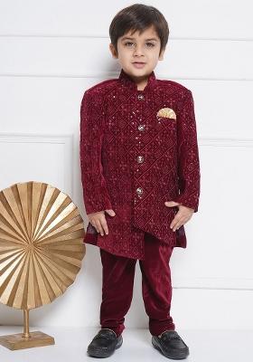 Maroon Maroon Embroidered Velvet Sherwani With Trouser For Boys