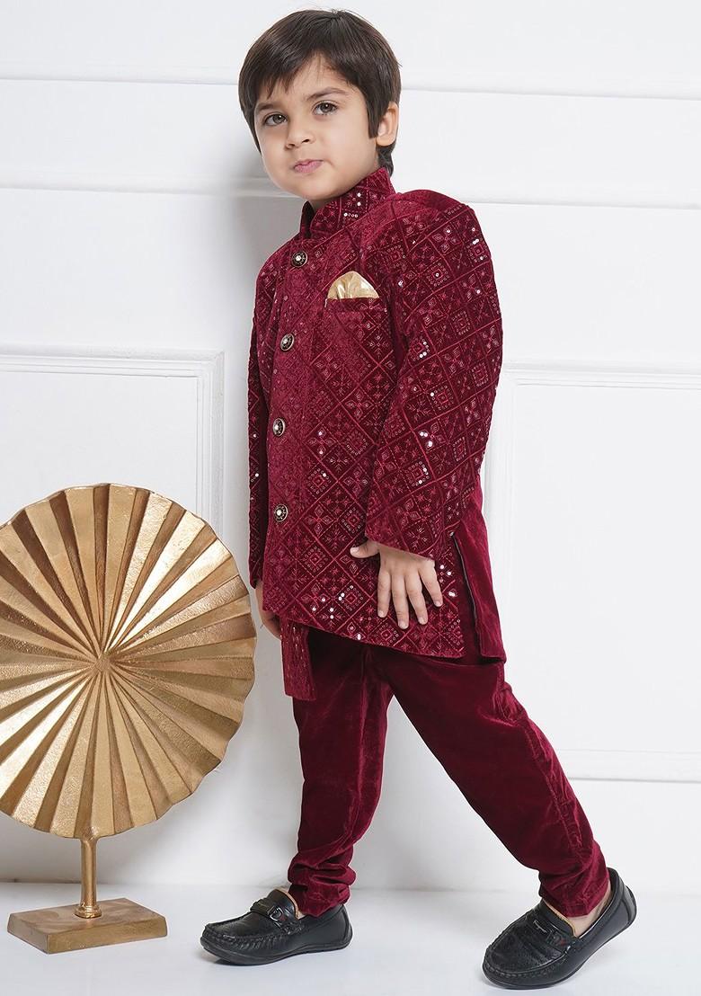 Maroon Maroon Embroidered Velvet Sherwani With Trouser For Boys