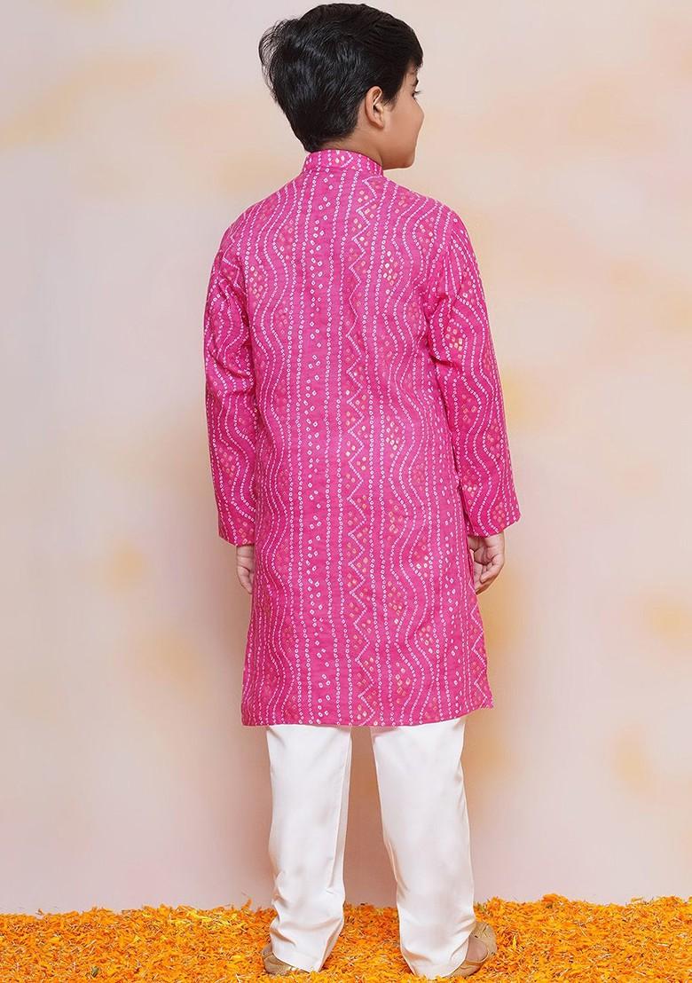 Pink Bandhani Printed Mandarin Collar Pure Cotton Kurta With Pyjamas For Boys