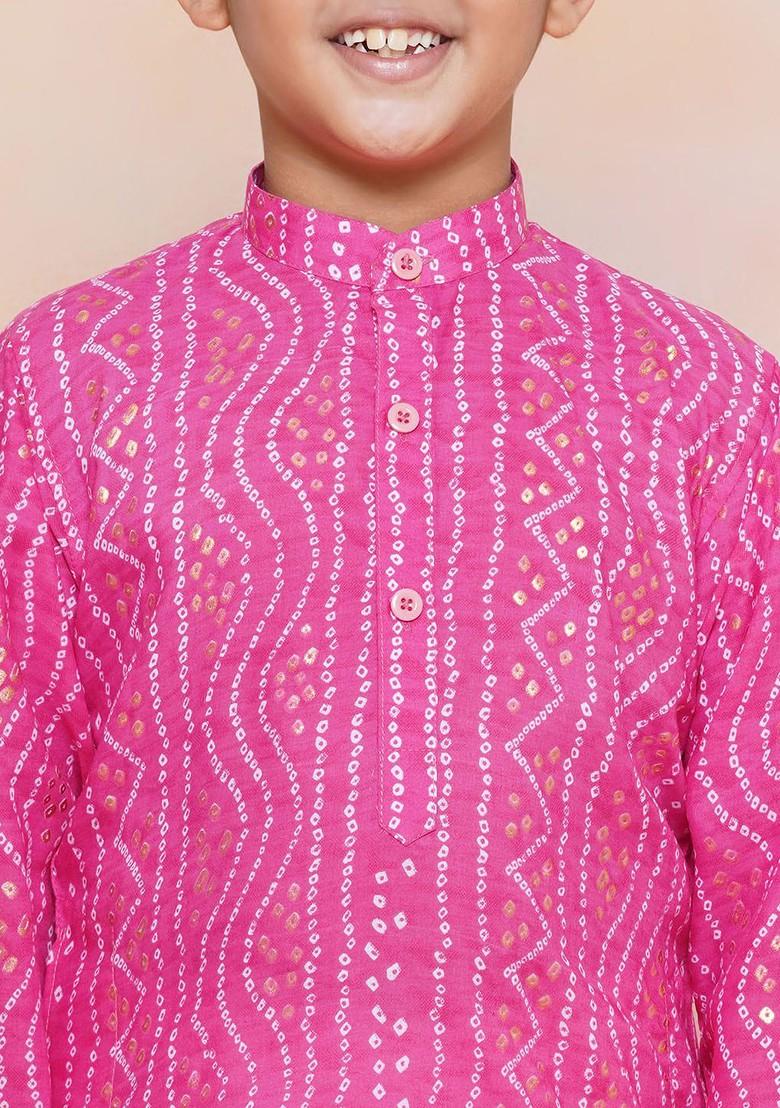 Pink Bandhani Printed Mandarin Collar Pure Cotton Kurta With Pyjamas For Boys