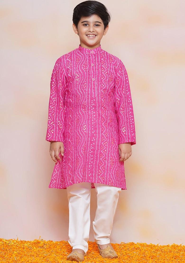 Pink Bandhani Printed Mandarin Collar Pure Cotton Kurta With Pyjamas For Boys