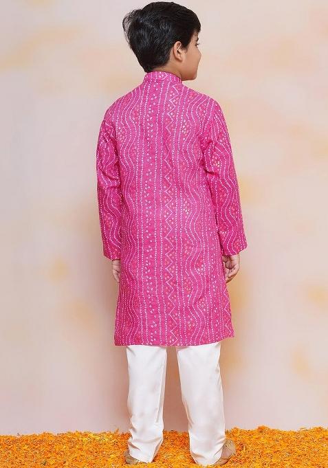 Pink Bandhani Printed Mandarin Collar Pure Cotton Kurta With Pyjamas For Boys