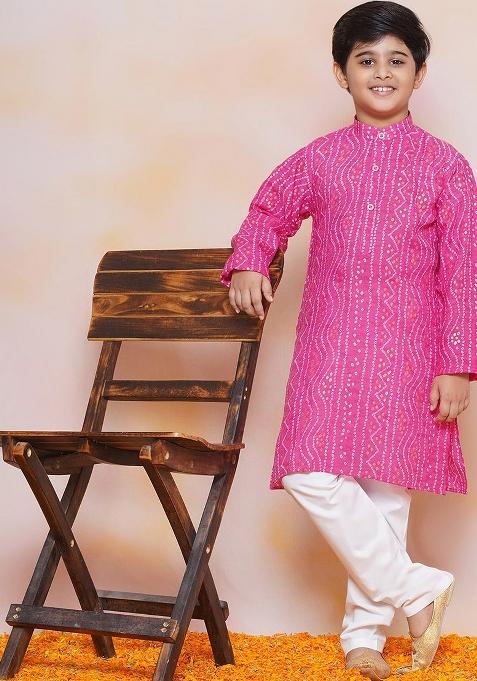 Pink Bandhani Printed Mandarin Collar Pure Cotton Kurta With Pyjamas For Boys