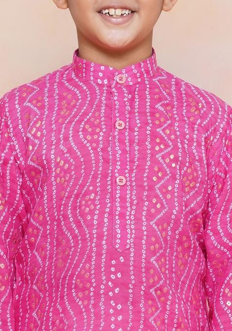 Pink Bandhani Printed Mandarin Collar Pure Cotton Kurta With Pyjamas For Boys