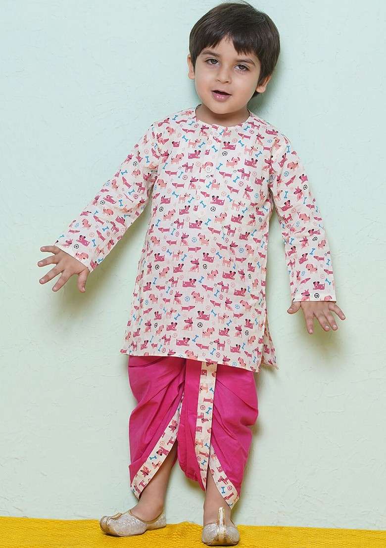 Pink Animal Printed Regular Pure Cotton Kurta With Dhoti Pants For Boys - Indya
