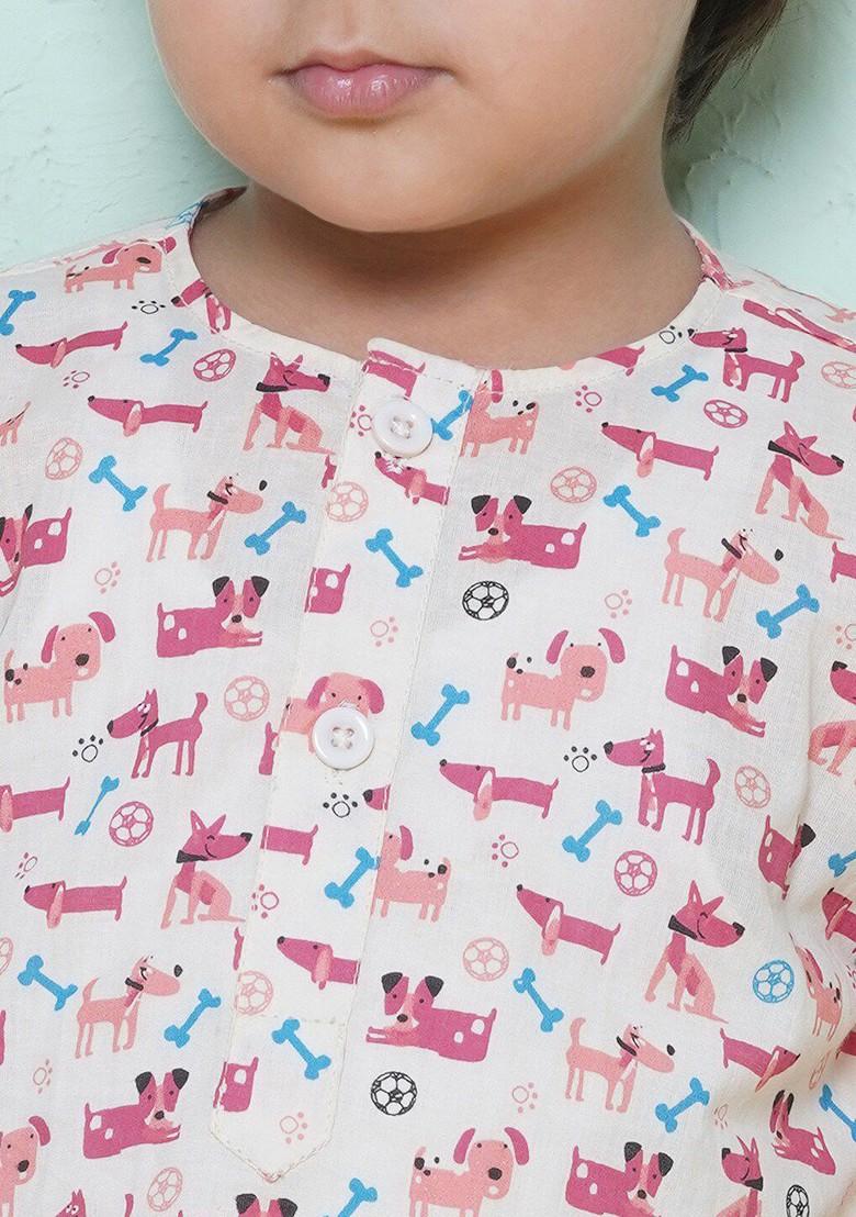 Pink Animal Printed Regular Pure Cotton Kurta With Dhoti Pants For Boys