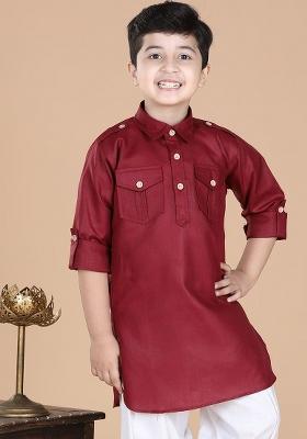 Maroon Shirt Collar Roll Up Sleeves Pure Cotton Pathani Kurta For Boys