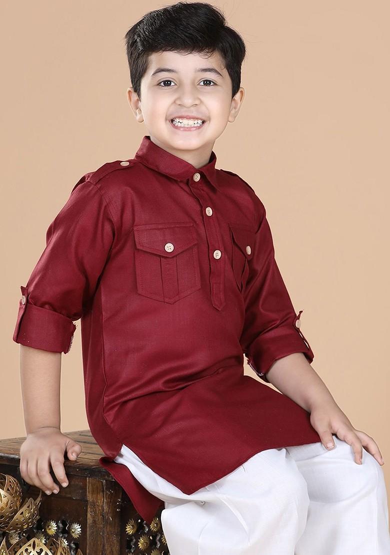 Maroon Shirt Collar Roll Up Sleeves Pure Cotton Pathani Kurta For Boys