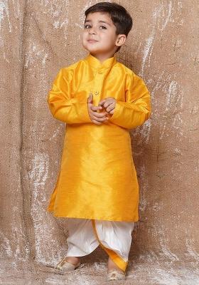 Yellow Mandarin Collar Kurta With Dhoti Pants For Boys