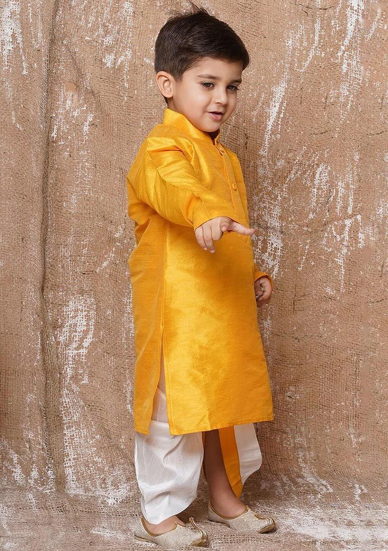 Yellow Mandarin Collar Kurta With Dhoti Pants For Boys