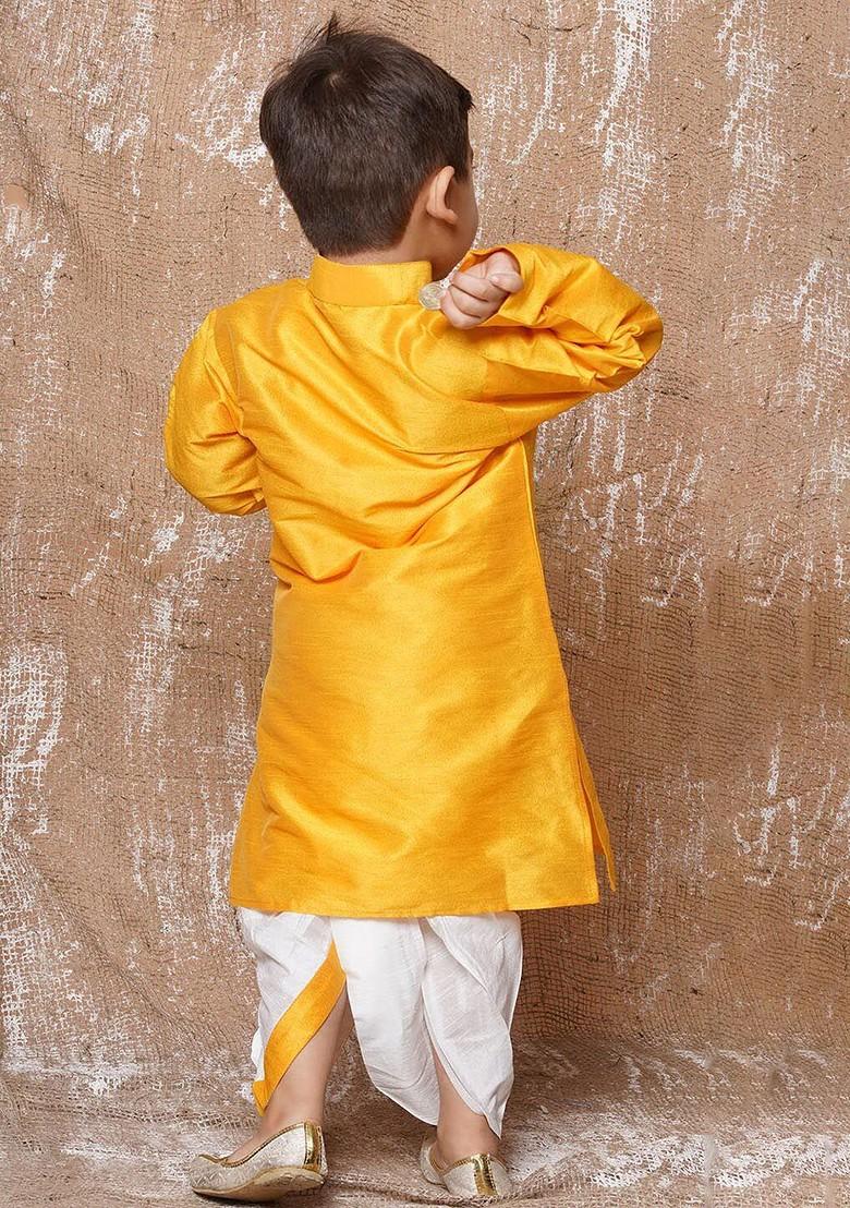 Yellow Mandarin Collar Kurta With Dhoti Pants For Boys