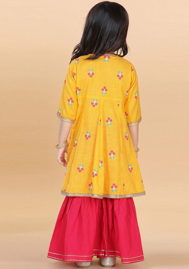 Yellow Floral Printed Angrakha Gotta Patti Pure Cotton Kurta With Sharara For Girls