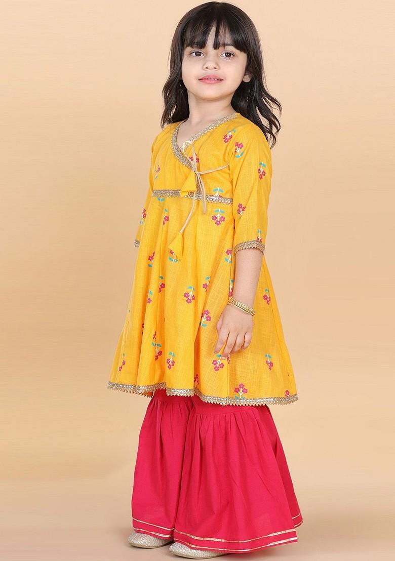 Yellow Floral Printed Angrakha Gotta Patti Pure Cotton Kurta With Sharara For Girls