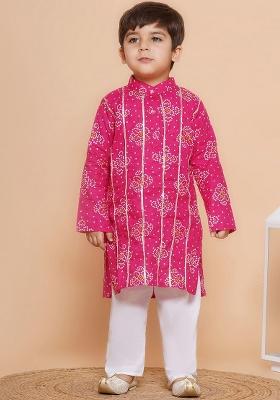 Pink Bandhani Printed Band Collar Gotta Patti Pure Cotton Kurta With Pyjamas For Boys