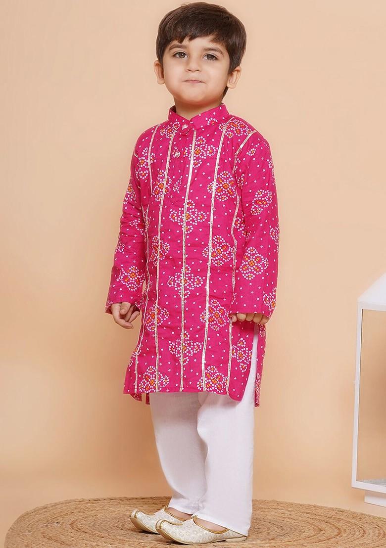 Pink Bandhani Printed Band Collar Gotta Patti Pure Cotton Kurta With Pyjamas For Boys