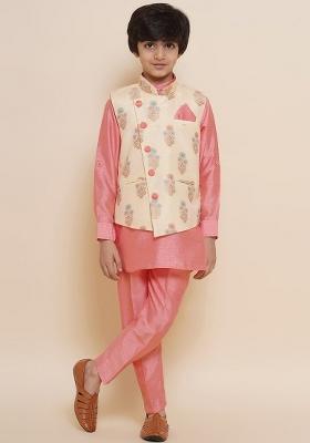 Pink Mandarin Collar Kurta With Trousers And Nehru Jacket For Boys