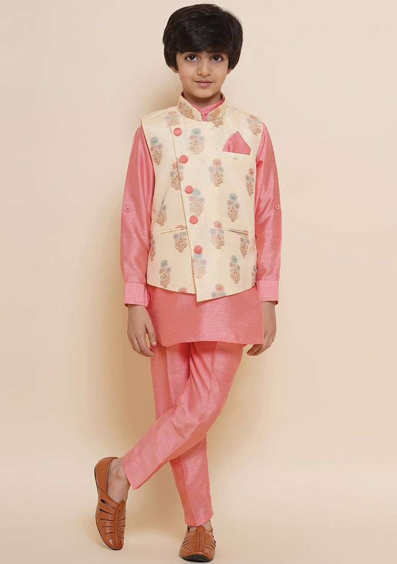 Pink Mandarin Collar Kurta With Trousers And Nehru Jacket For Boys - Indya