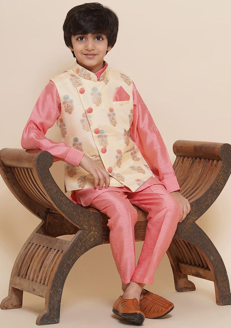 Pink Mandarin Collar Kurta With Trousers And Nehru Jacket For Boys