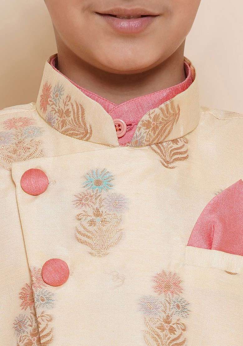 Pink Mandarin Collar Kurta With Trousers And Nehru Jacket For Boys - Indya